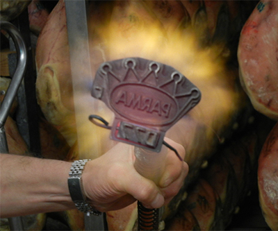 La marchiatura a fuoco: il ferro del Consorzio con la corona «Parma»